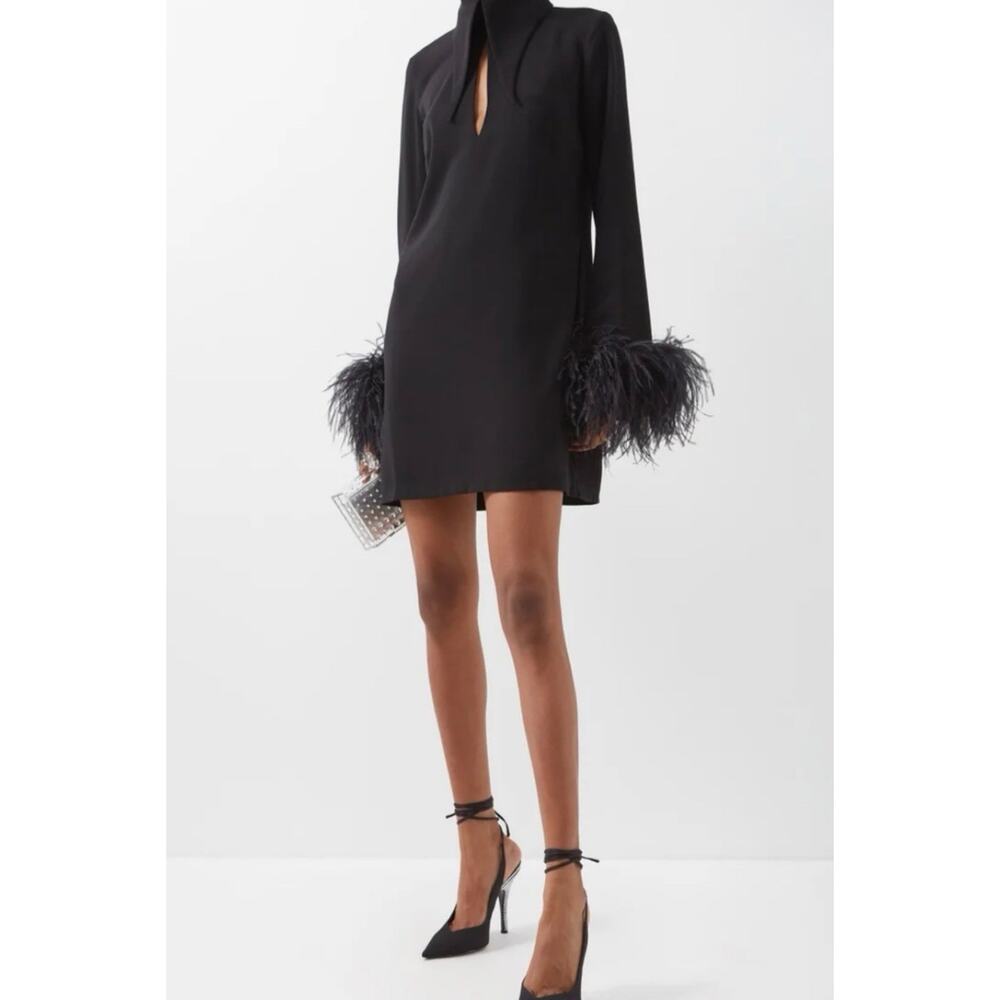 16ARLINGTON MICHELLE DRESS Collared OSTRICH FEATHER Black UK 6 US 2